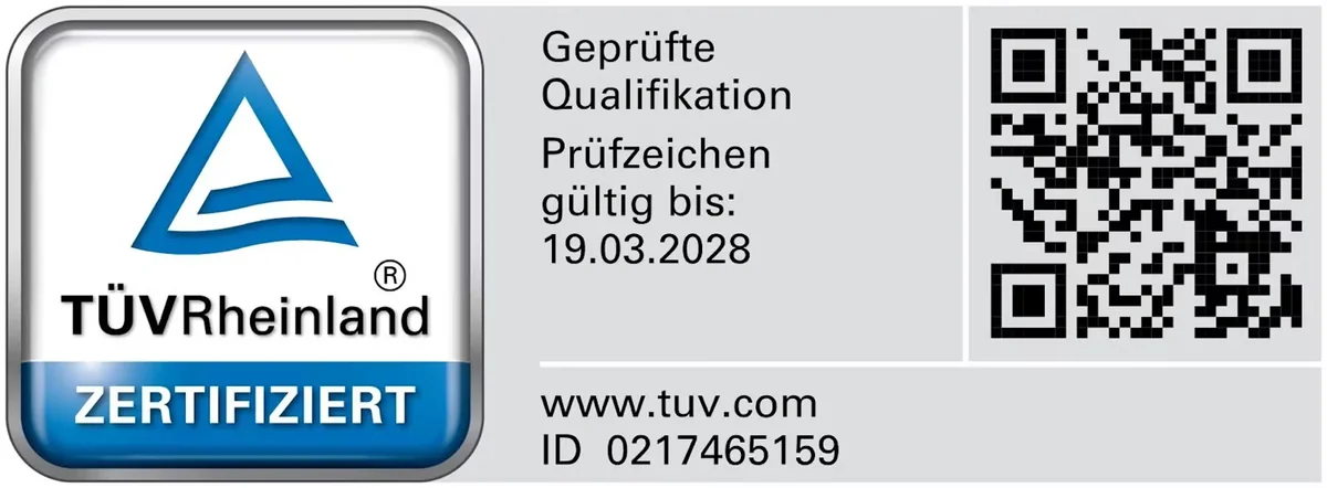 TÜV Rheinland zertifiziert: Geprüfte Qualifikation, Prüfzeichen gültig bis 19.03.2028, ID 0217465159